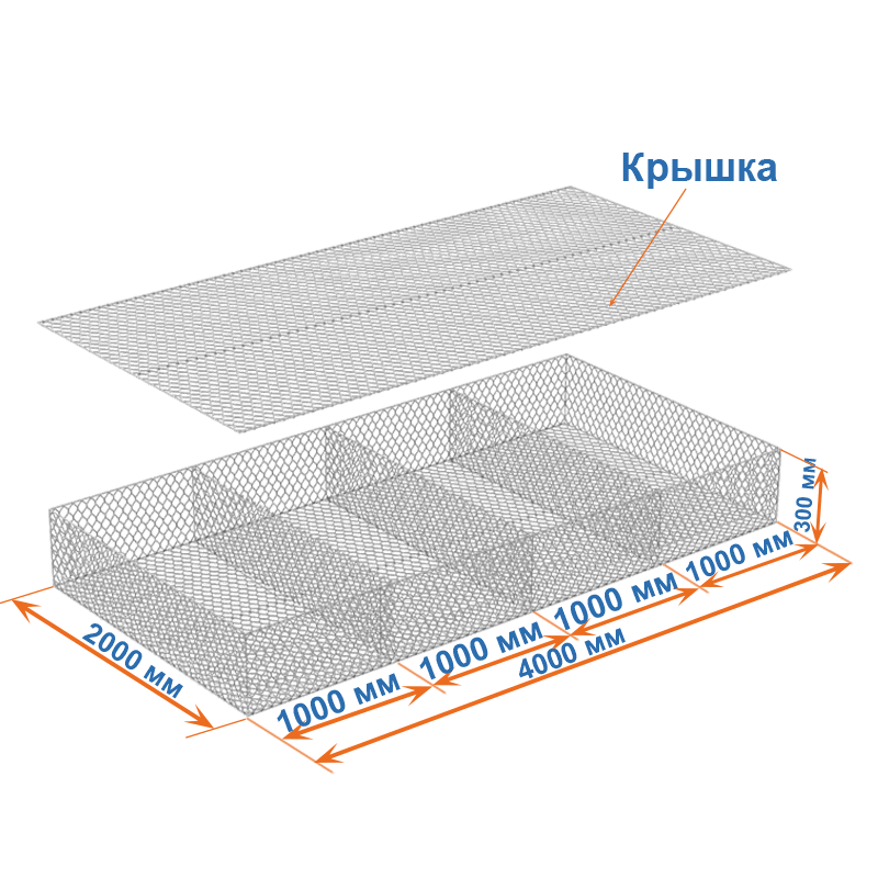 Габион матрац ГСИ-М 4х2х0,3 оцинкованный, Ø проволоки 2,4 мм, размер ячейки 6х8 см фото