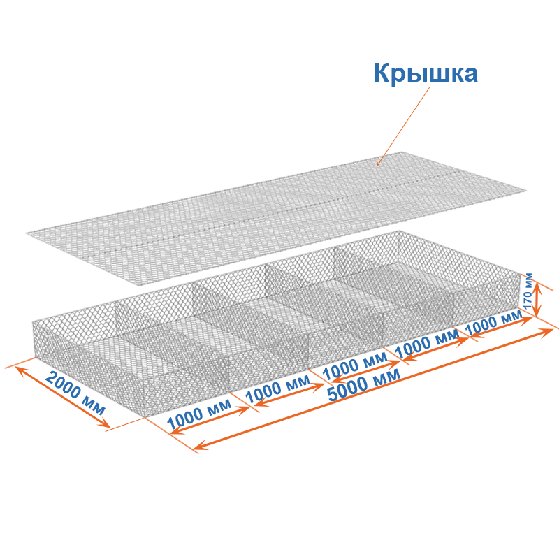 Габион матрац ГСИ-М 5х2х0,17 оцинкованный, Ø проволоки 2,7 мм, размер ячейки 8х10 см фото