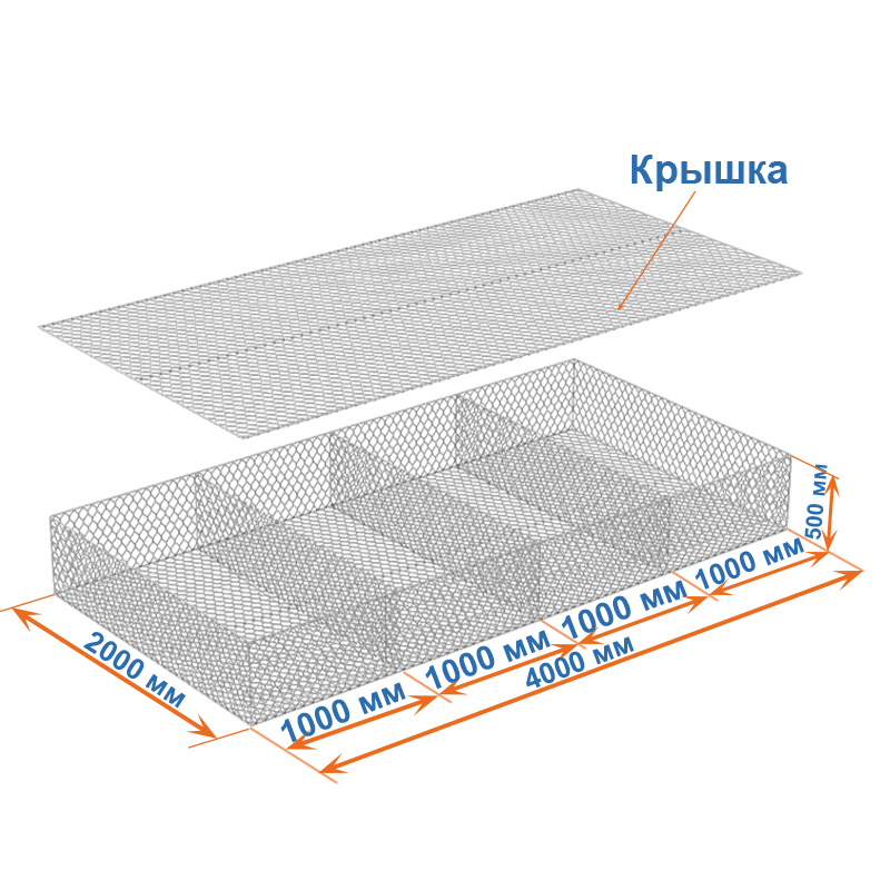 Габион матрац  ГСИ-М 4х2х0,5 оцинкованный, Ø проволоки 2,7/3,7 мм, размер ячейки 8х10 см фото